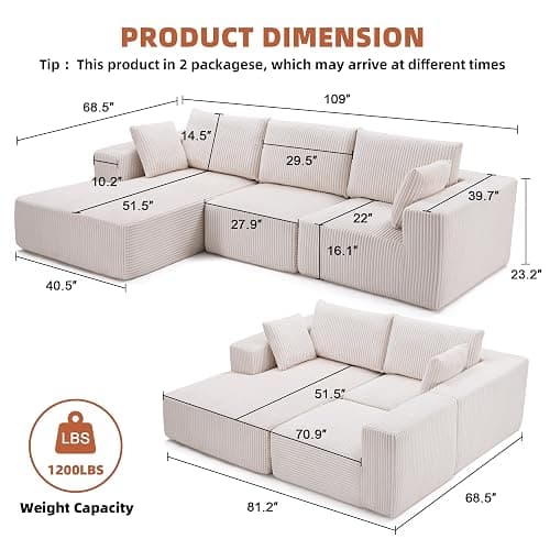 108” Modular Sectional Sofa, Cloud Sectional Couch with Deep Seat, Modern Modular L-Shape Sofa Couch with Chaise,Upholstered Boneless Couches for Living Room Bedroom (Beige, Left Facing Chaise) thumbnail 3