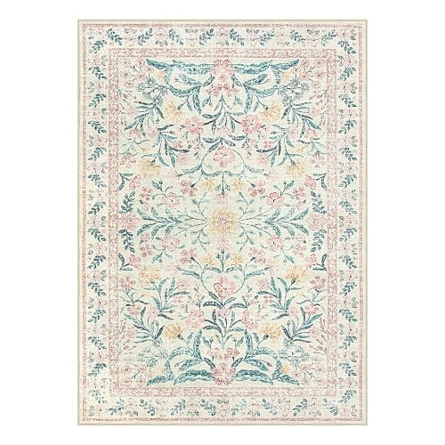 Morebes Floral Pink Rugs for Bedroom Girls, Washable 5x7 Large Area Rug for Living Room Non Slip, Vintage Low-Pile Indoor Floor Boho Flower Carpet for Kids Nursery Playroom, Light Pink&Green - Pink - 5' x 7' (Rectangular) thumbnail 8