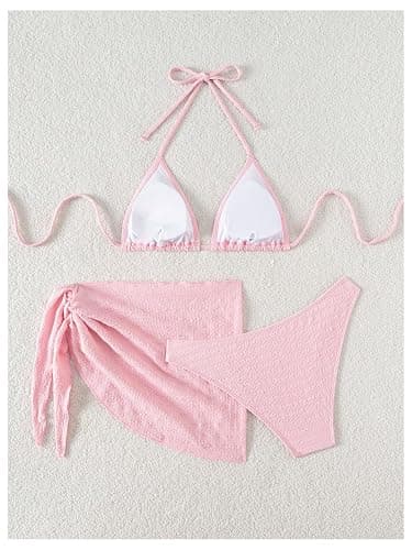 SHENHE Women's 3 Piece Textured High Cut Halter Triangle Bikini Swimsuit with Cover Up thumbnail 3