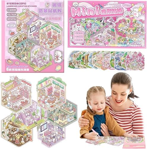 Pink Cozy Room 3D Sticker Scene Book, 1-Piece Miniature Craft Kit with Immersive Miniature Sticker Scenes for Kids and Adults thumbnail 6