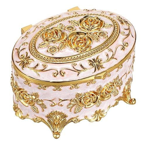 Hipiwe Vintage Metal Jewelry Box - Oval Trinket Organizer Ring Box Case with Rose Pattern Jewelry Storage Box for Ring Earrings Necklace, Gift for Women thumbnail 9
