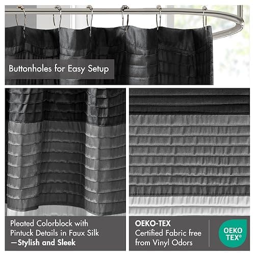 Madison Park Amherst Bathroom Shower Curtain Faux Silk Pieced Striped Modern Microfiber Bath Curtains, 72x72 Inches, Black thumbnail 3