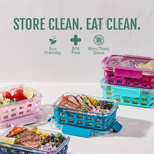 Ello Duraglass 3.4 Cup Meal Prep Sets 10Pc, 5 Pack Set- Glass Food Storage Container with Silicone Sleeve and Airtight BPA-Free Plastic Lids, Dishwasher, Microwave, and Freezer Safe, Evening Orchard thumbnail 3
