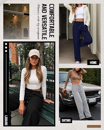 Neer 3 Pack Women's Sweatpants with Pockets, High Waisted Casual Yoga Pants Cozy Lounge Drawstring Loose Wide Leg Jogger thumbnail 2