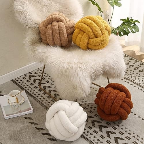 Bigougem Knot Ball Pillow, Knotted Ball Throw Pillow Ultra Soft Companionship Decorative Hand-woven Knotted Ball Lamb Velvet Sofa Cushion, Knot Cushion, Sofa Pillow Beige thumbnail 3