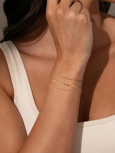 Tewiky Waterproof Gold Bracelets for Women Non Tarnish - Dainty Stack 14K Gold Plated/Sterling Silver Chain Bracelets Set Adjustable Trendy Jewelry for Women thumbnail 3