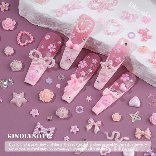 400Pcs Pink Nail Charms Kit, 3D Nail Gems and Rhinestones Flatback Pearls Mixed Shape Set, Heart Rabbit Butterfly Flower Bow Acrylic Resin Nail Art Decorations DIY Craft (Pink) thumbnail 6