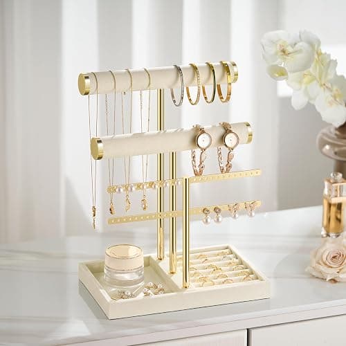 bussdis 3 Tier Bracelet Holder Display - Detachable T Bar Beige Velvet Bracelet Holder, Jewelry Holder Organizer for Bracelet, Necklace, Earrings, Rings thumbnail 6
