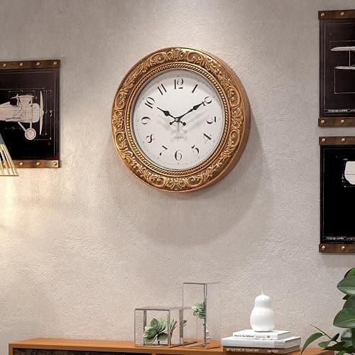 Menterry European Vintage Decorative Wall Clock, 12" Antique Gold Style, Battery Operated Wall Clocks for Kitchen, Bedroom, Farmhouse, Bathroom, Offices thumbnail 2