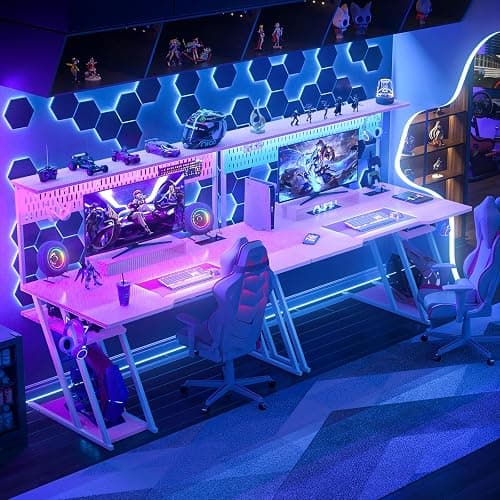 Armocity Pink Gaming Desk with Hutch and LED Lights, 53" Computer Desk with Storage Shelves, Reversible PC Gaming Desk with Pegboard, Gamer Desks for Bedroom, Carbon Fiber Surface thumbnail 6