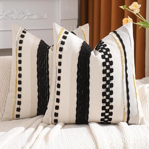 Tosleo Boho Pillow Covers 18x18 inch Set of 2 Black and Cream Throw Pillow Covers Stripe Tufted Decorative Pillow Case Accent Chenille Pillowcase Farmhouse Patterned Cushion Case for Spring Home Decor - Image 1