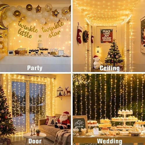 JMEXSUSS 300 LED Remote Control Christmas Curtain Lights, Plug in Fairy Curtain Lights Outdoor, Window Wall Hanging String Lights for Bedroom Backdrop Wedding Party Indoor Patio Xmas Decor, Warm White thumbnail 3