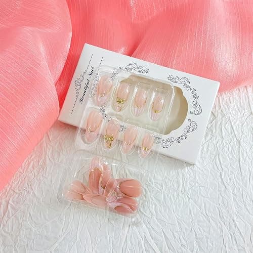 French Tip Press on Nails Medium Almond Fake Nails with Designs Gold Bow Glue on Nails White Acrylic False Nails Reusable Artificial Nails Press ons Glossy Full Cover Stick on Nails for Women - Gold Bow thumbnail 2