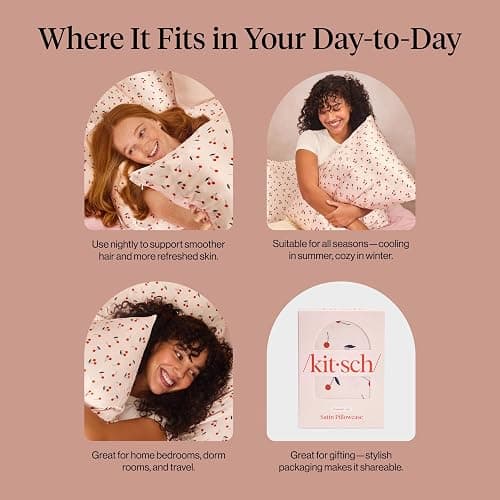 Kitsch Satin Pillowcase, Softer Than Silk Pillow Cases Queen, Cooling Pillow Covers, Satin Pillowcase w/Zipper for Hair, Skin & Quality Sleep, Wrinkle-Free & Smooth, Queen Size 19"x26", Cherry Print thumbnail 7