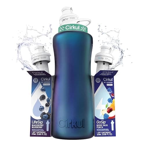 Cirkul 32oz. Chameleon Stainless Steel Water Bottle Starter Kit with Green Lid, 2 Flavor Cartridges (1 LifeSip Blackberry Blueberry, 1 GoSip Berry Blue Punch) No Sugar, Zero Calorie Drink Mix - Image 1