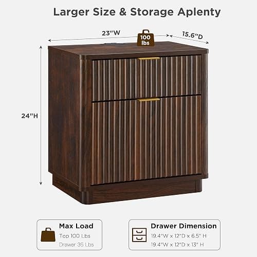 T4TREAM 23'' Fluted Nightstand Set of 2 with Charging Station, Large 2 Drawer Bedside Table, Modern End Table with Storage, Mid Century Night Stand for Bedroom Living Room, Curved Profile, Dark Walnut thumbnail 3