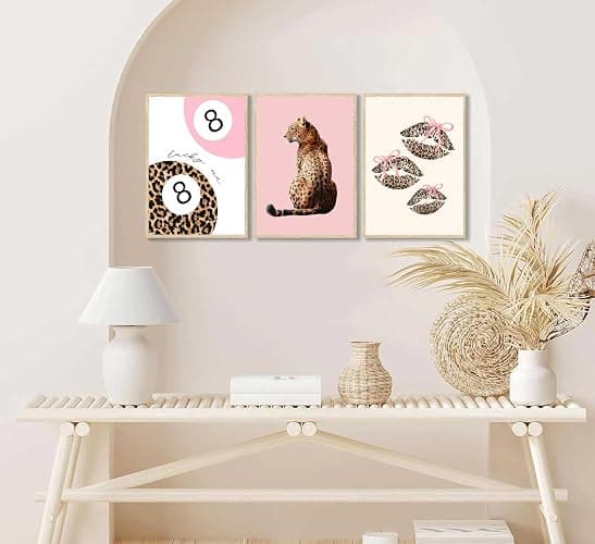 YUFXSTZV 3Pcs Pink Cheetah Wall Art Leopard Bow Print Painting Fashion Lucky 8 Ball Poster Leopard Lips Canvas Wall Decor Funky Preppy Room Aesthetic Picture for Girls Room Dorm Apartment Unframed thumbnail 7