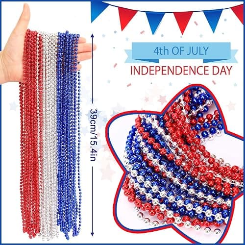JULBEAR 4th of July Beads Necklaces, 30Pcs Red Silver Blue Metallic Beaded Necklaces for Patriotic Crafts Independent Day Party Favors Masquerade DIY Accessories - Patriotic Style thumbnail 3