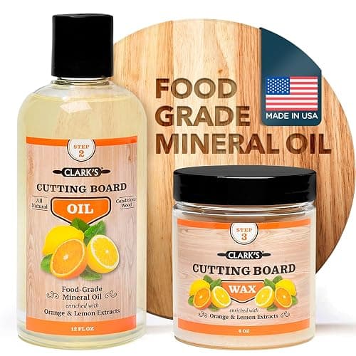 CLARK'S Food Grade Mineral Oil (12oz) and Carnauba Wax (6oz) Set - 100% Natural Butcher Block Oil and Cutting Board Wax - Food Safe Beeswax and Wood Cutting Board Oil with Orange & Lemon Extract - Image 1