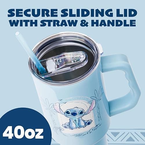 Silver Buffalo Disney Lilo and Stitch, Stainless Steel Tumbler, 40oz | Ocean Design, Tropical, Double Walled, Handle, Straw, Fits in Standard Cup Holder, Minimalistic, 1.18 Liters thumbnail 3