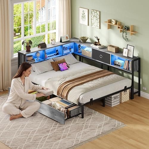 DICTAC Jugendbett 140x200 mit LED-Beleuchtung und Ladestation, Schlafsofa 140 x 200 mit stauraum-6 Staufächern und 2 Schubladen, Tagesbett mit Lattenrost aus Metall, Eichenasche | LED-Beleuchtung thumbnail 2