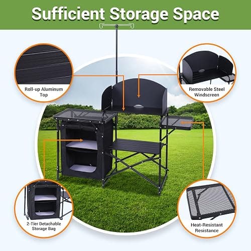 Nice C Camping Kitchen Station, Camping Table, Picnic Table, Portable Grill Table, Folding Cook Table, Upgrade Light Stand and Windshield Station & Organizers, Carry Bag for Beach, Picnic (Black) thumbnail 4