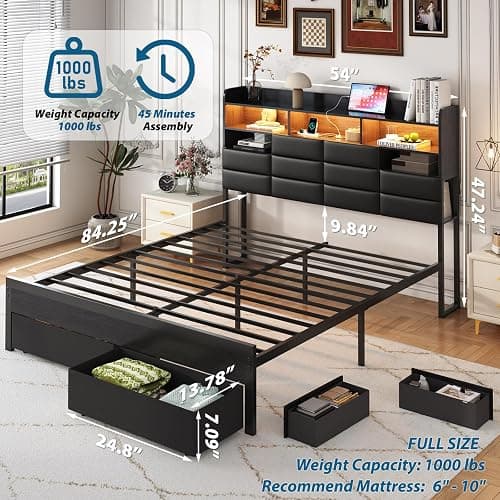 Etditrnp Full Bed Frame with Storage Headboard, Upholstered Black Bed Frame with 4 Drawers, LED Lights, and Charging Station, Heavy-Duty Metal Slats Support, Noise-Free thumbnail 2