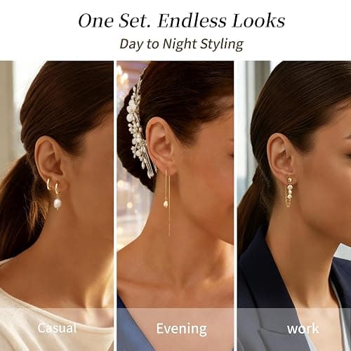 Pearl Earrings for Women, Gold Plated Huggie Hoop Drop Earrings | Hypoallergenic pearl hoop earrings designed for multiple piercings, cartilage styling and everyday wear thumbnail 5