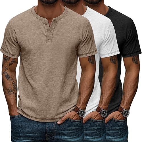 Huukeay 3 Pack Men's Big & Tall Henley Short Sleeve Shirts, Crew Neck Casual Button T-Shirts Summer Basic Tees Tops - Image 1
