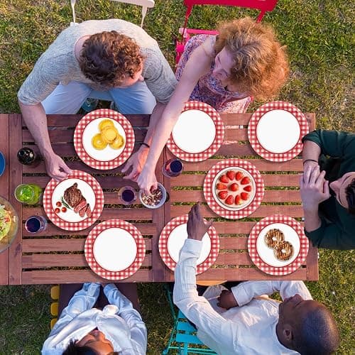Naozinebi 100pcs 7inch Red and White Plates Checkered Plaid Tableware Baby Shower Red Dessert Disposable paper Dinnerware for Picnic Barbecue Baby Shower Birthday Party Decorations thumbnail 5