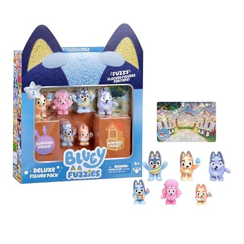 Bluey Fuzzies Deluxe Figure Pack. Eight Figures : 6 Specially Flocked Collectible Mini-Figures + 2 Surprise Figures (Blind Pack), Trading Card, and Collector's Guide. 80 to Collect in Series 1! thumbnail 2