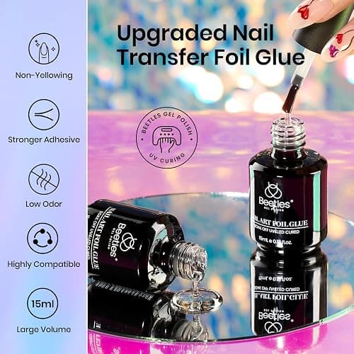 Beetles Nail Foil Art Kit, 20 Pcs Nail Foils Transfer with 30ml Nail Foil Glue Gel for Nails - Metal Holographic Leopard Stickers Gels Nail Polish Set LED Lamp Required Soak Off Manicure Nails Art DIY thumbnail 6