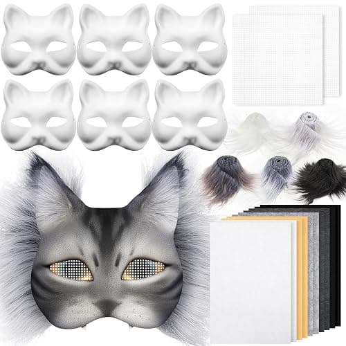 Seenelling DIY Therian Mask Kit Blank Cat Mask with Felt Fabric Sheet Plush Faux Fur Eye Mesh for Therian Gear Stuff - Image 1