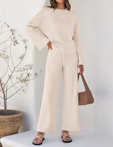 ZESICA Women's 2 Piece Outfits Set 2025 Casual Long Sleeve Knit Pullover Top and Wide Leg Pants Sweatsuit Lounge Sets thumbnail 2