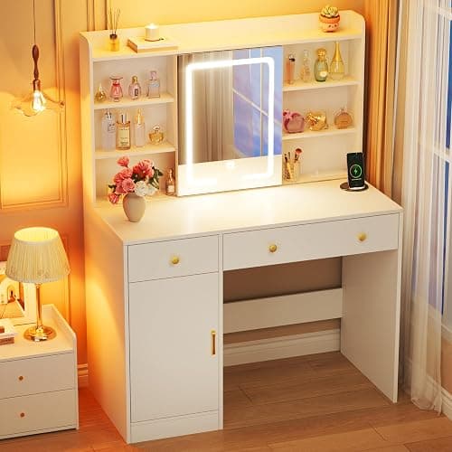 HUAHUU Vanity Desk with Mirror and Lights, 37" Makeup Vanity Desk with LED Lighted Mirror, Power Outlet, White Vanity with Storage Cabinet, 2 Drawers & 6 Shelves for Bedroom thumbnail 7