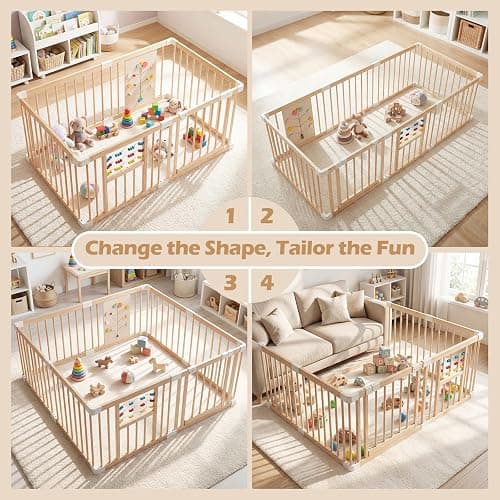INFANS Wooden Baby Playpen with Adjustable Size & Shape, 8 Panels, Child Proof Lock, Easy to Assemble, 63" x 63" Portable Play Yard for Babies Toddlers thumbnail 3