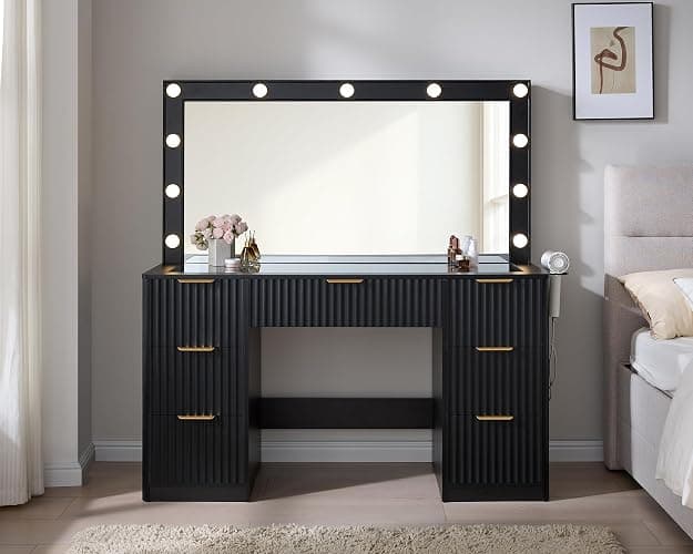 AMERLIFE 47.2" Fluted Vanity Desk with Large Mirror and Adjustable LED Lights, 7 Drawers Large Makeup Vanity Table with Glass Top and Charging Station for Women and Girls, Bedroom or Dorm, Black thumbnail 3