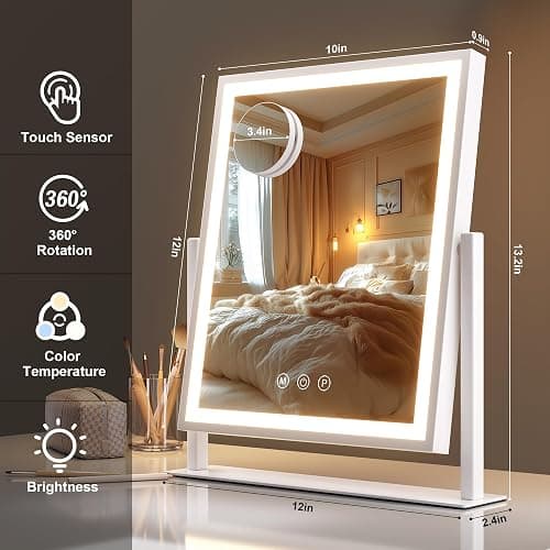 Hasipu Vanity Mirror with Lights, 12" x 14" LED Makeup Mirror, Light up Mirror with Smart Touch 3 Color Modes and Brightness Adjustment, 10X Magnifying Glass,360° Rotation thumbnail 2