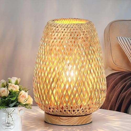 Rattan Table Lamp, Stepless Dimmable Small Beside Lamp, Vintage Wicker Wooden Nightstand Boho Bamboo Woven End Table Lamps for Bedroom Living Room Desk Kids Room, 2700K T45 LED Bulb Included - Image 1