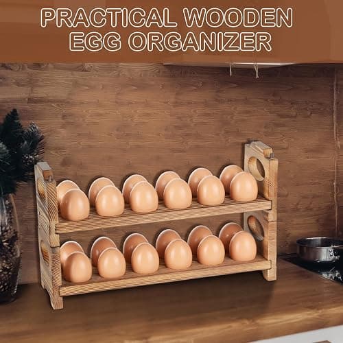 AOOHOOA Wooden Egg Holder & Storage-3Tier /36-Hole Stackable Holds Fresh Eggs, Farmhouse Eggs Rack Wood, Rustic Countertop Chicken Egg Organizer Wood with Distressed Finish for Home Kitchen Decoration thumbnail 7