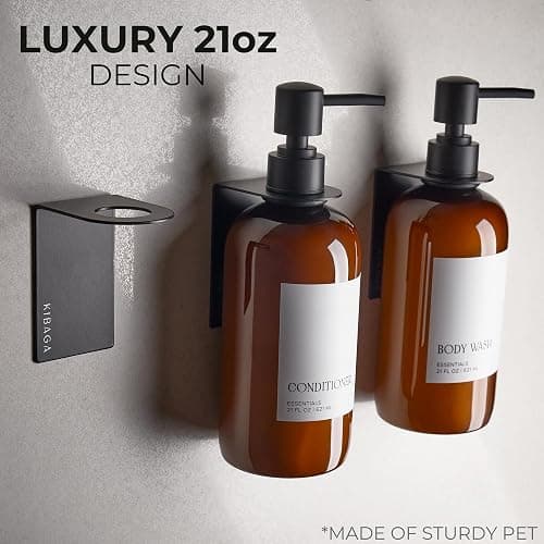 Stylish Shampoo & Conditioner Dispenser Set of 3 - Wall Mount, Drill Free | Modern 21oz Shower Soap Bottles with Labels - Easy Refill Body Wash Dispensers for an Instant Bathroom Decor Upgrade thumbnail 4