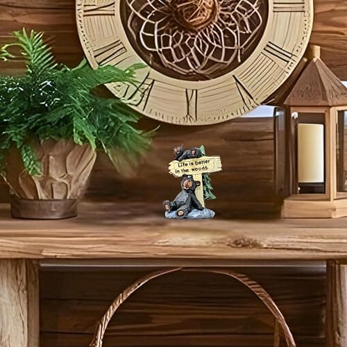 Black Bears with “Life Is Better in the Woods” Sign Figurine – Resin Woodland Wildlife Sculpture with Pine Tree and Rock Base, Rustic Cabin & Lodge Tabletop Decor, Nature-Inspired Gift for Bear Lovers thumbnail 4
