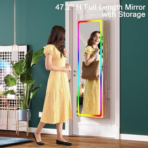 HNEBC LED Mirror Jewelry Cabinet with RGB Lights,47.2" Wall Mounted Jewelry Organizer with Full-Length Mirror,Over The Door Hanging Jewelry Armoire Storage Cabinet,Folding Dresser,2 Drawers,Lockable thumbnail 8