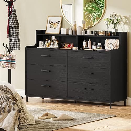 Hasuit Black Dresser for Bedroom with 6 Drawers and Storage Shelves, Wide Chest of Drawers with Sturdy Steel Legs, Large Wooden Storage Tower Dresser Organizer, Dressers for Bedroom, Clost, Entryway thumbnail 8