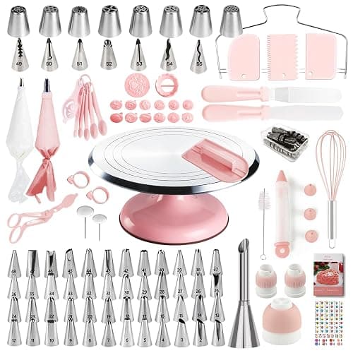 Aluminum Cake Decorating Kit, Baking Supplies Tools for Beginners & Pros | Complete Kit, Smooth Rotating,Cake Stand Turntable for Decorating & Display, 64 Icing Tips, Piping Bags, 2 Spatulas - Image 1