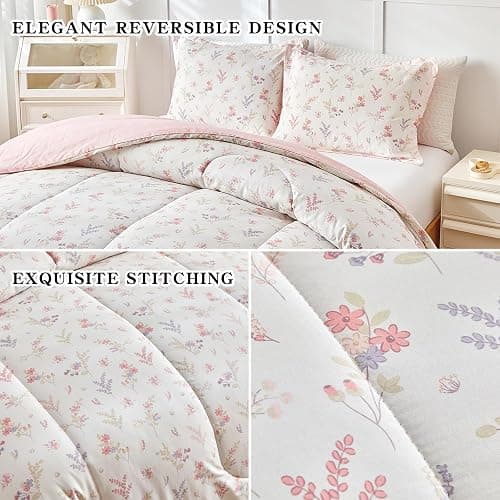 Joyreap 3pcs Cotton Comforter Set for Girls, Pink Floral Design, Twin Size Soft n Cozy Bedding Comforter Set for All Season- 68x88 inches thumbnail 6