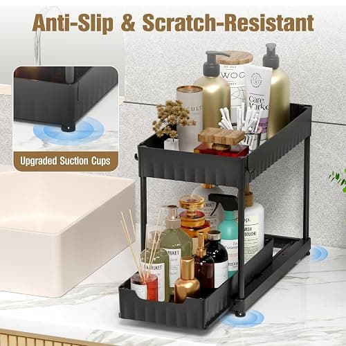 Latoxcaa 3 Pack Under Sink Organizer for Bathroom, ABS Material Pull Out Kitchen Organizers and Storage with Hooks Hanging Cup, 2 Tier Multi-Use Cabinet Organizer Storage for Bedroom/Office, Black - Double Pull-out+medium Size thumbnail 4