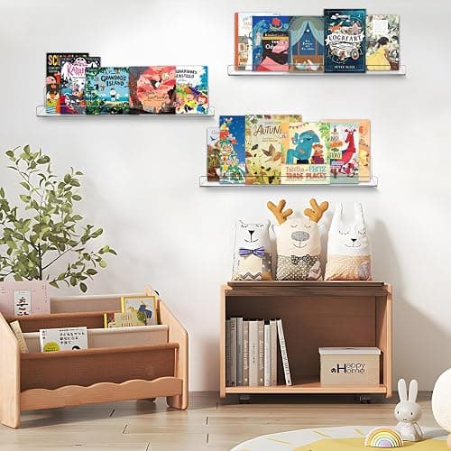 Estantes flotantes transparentes montados en la pared, juego de 4, estantes acrílicos de 38 cm para almacenamiento en la pared, estantería para niños, estantes colgantes de acrílico para dormitorio thumbnail 2