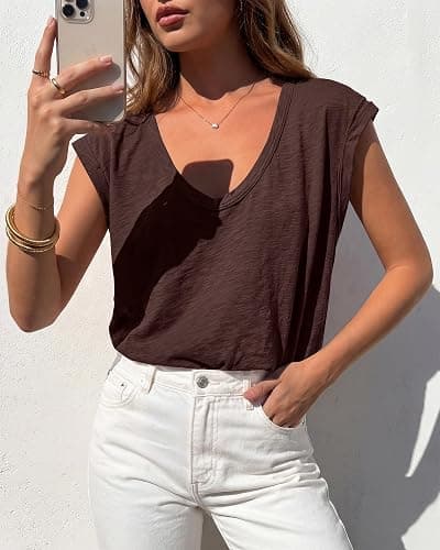 BTFBM Casual Summer Oversized Womens T Shirts Going Out Tops Trendy | Basic Tees,Cap Sleeves,V Neck T Shirts Blouse Y2k Tops,Solid Color,Loose Fit,Summer Clothing,Beach Vacation Clothes For Women thumbnail 6