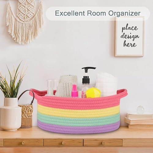 COMSE Small Woven Basket with Gift Bags and Ribbons, Gift Basket Empty, Cotton Rope Storage Organizer, Baby Toy Box with Handles, 12" x 8" x 5", Rainbow thumbnail 5